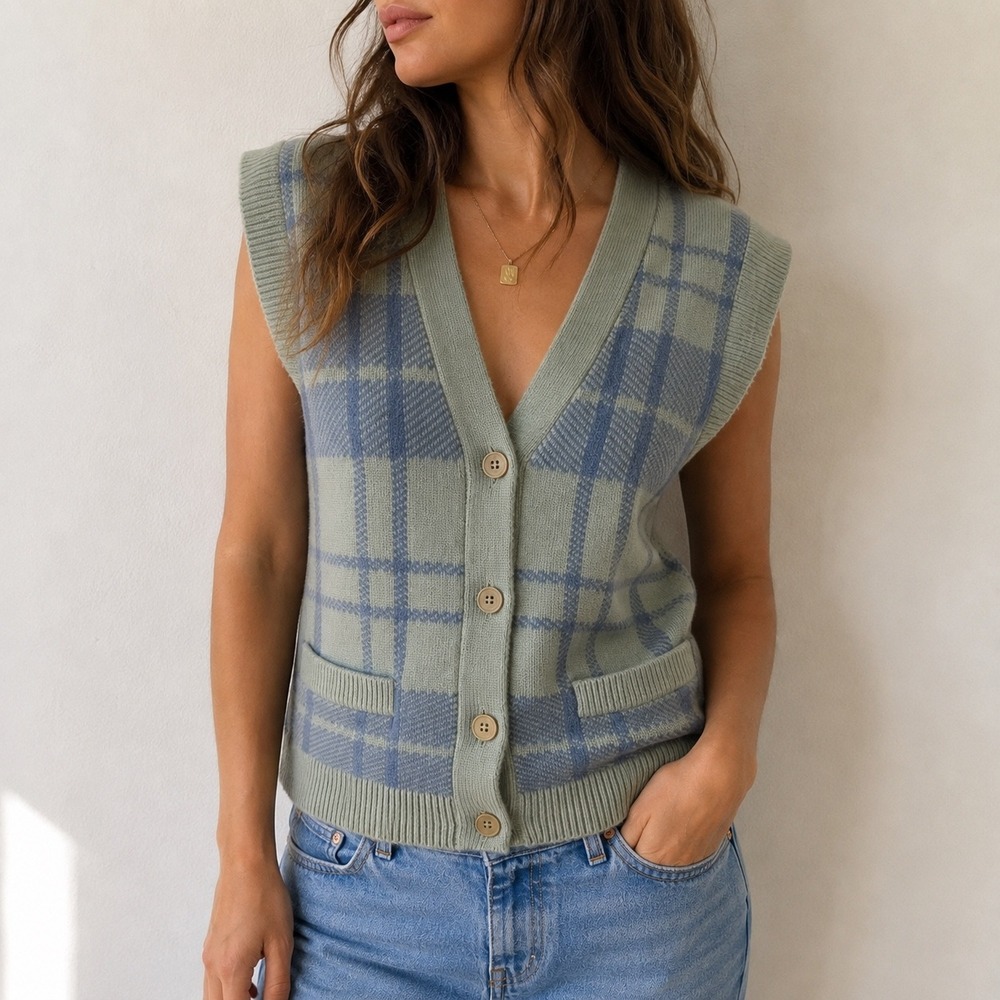 Wilfred Sage Green Hattie Plaid Sweater Vest Alpaca Wool XS Preppy Academic